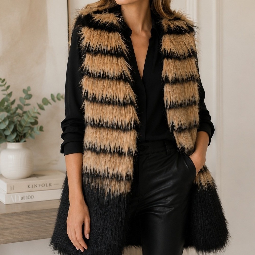 Faux Fur Longline Vest‎ Animal Print Luxe Glam Layering Piece Festival Boho